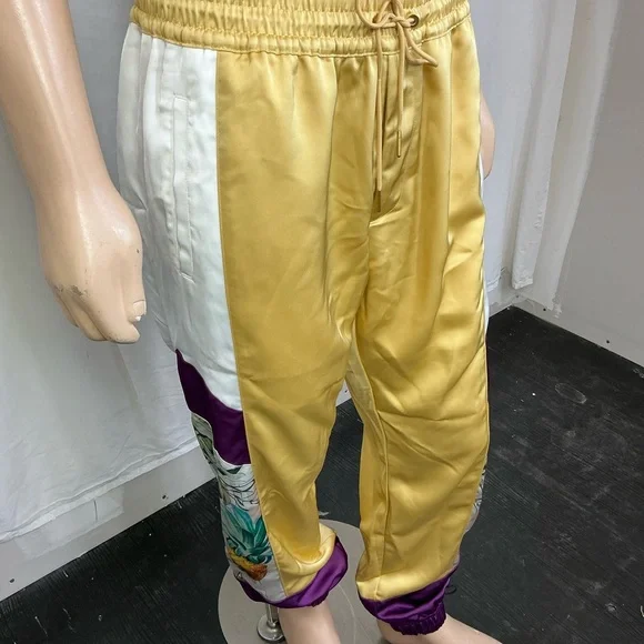 NEW AlphaStyle Yowl Yellow Colorblock Parachute Satin Jogger Pants Size L